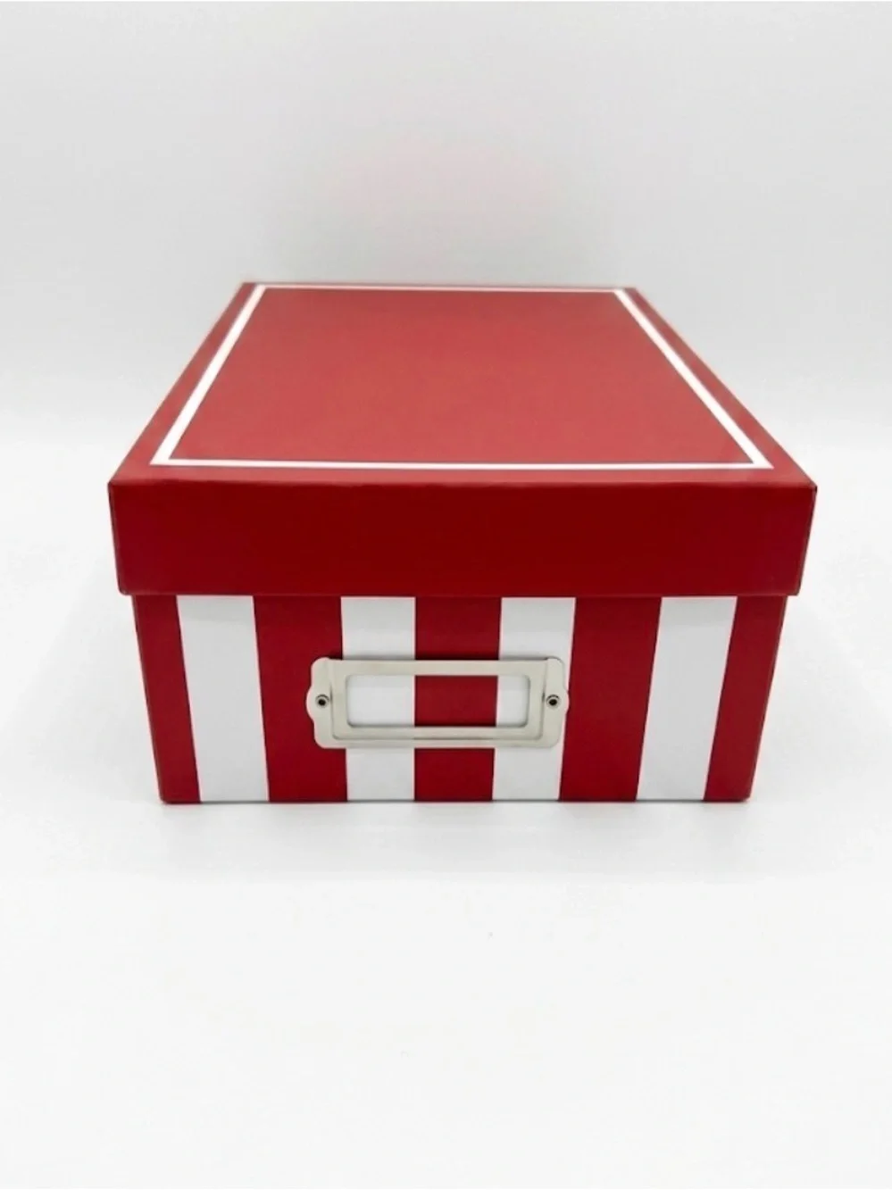 Red and White Striped Storage Box with Label Holder